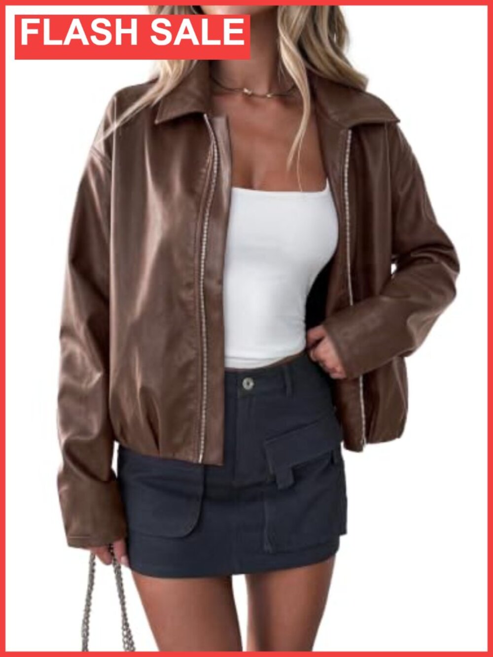 Faux Leather Motorcycle Jacket Cropped Zip Up Moto Coat